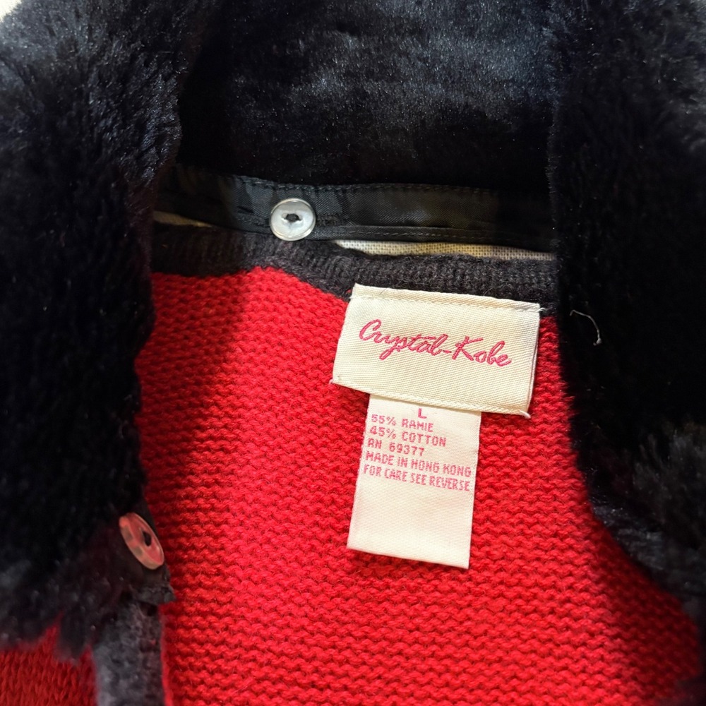 VTG Crystal Kobe‎ Red Scottish Terrier Dog Paw Print Cardigan Fur Collar size L - Picture 4 of 7